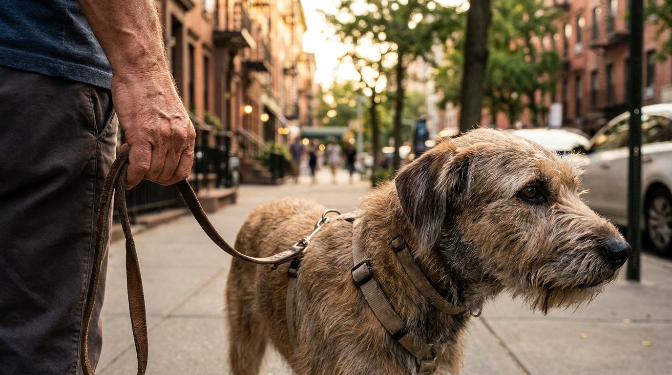Chien en harnais tenu en laisse fixe courte en ville