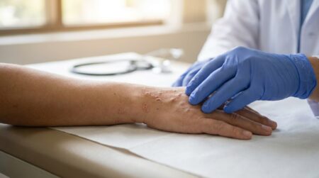 Examen médical de lésions cutanées sur un avant-bras