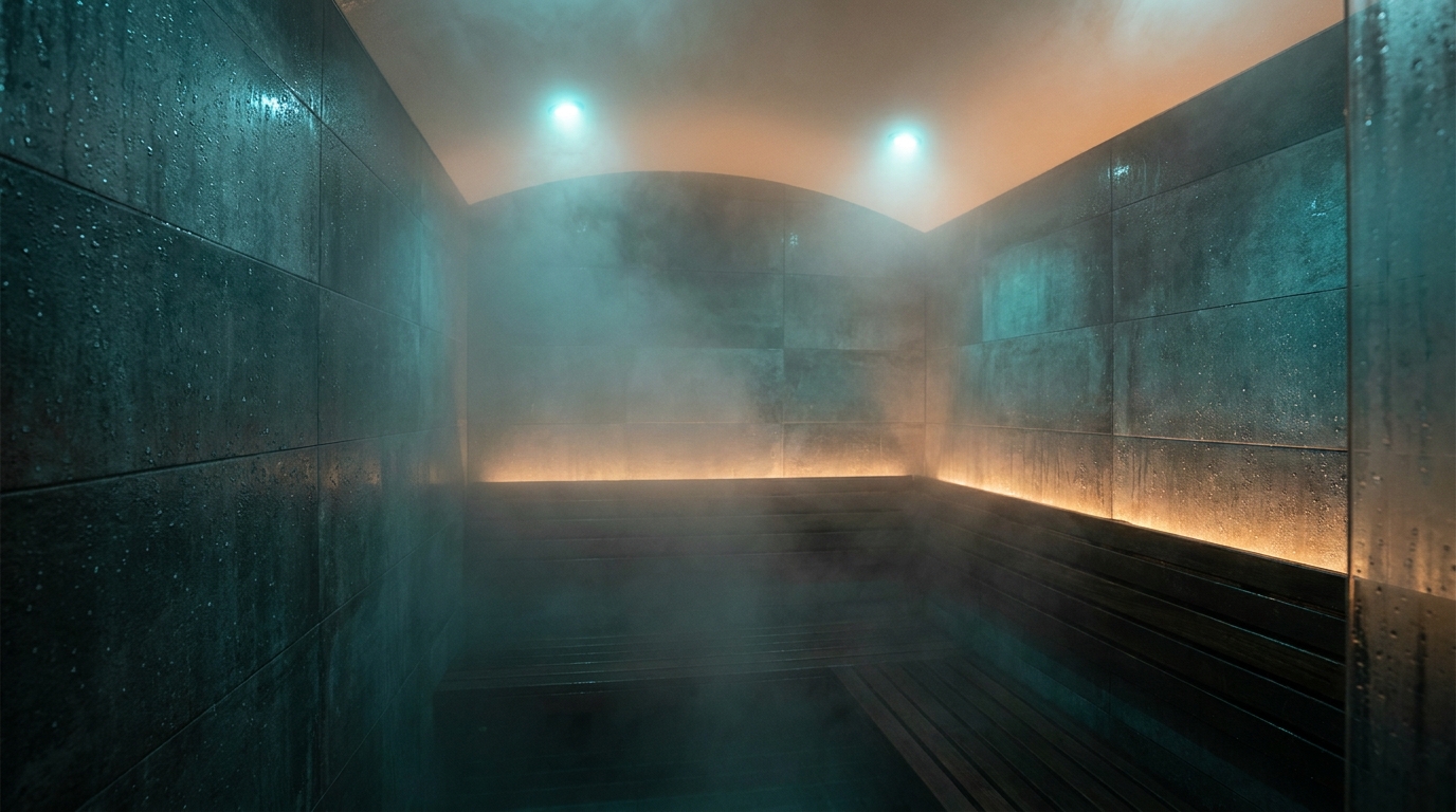 Intérieur d'un sauna vide avec vapeur et condensation