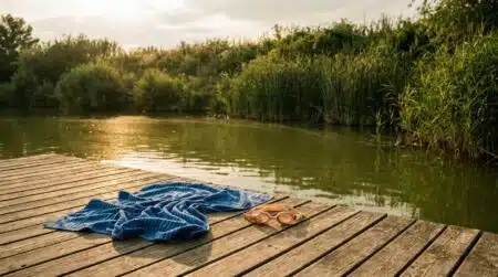 Lac en eau douce avec ponton et serviette abandonnée en été