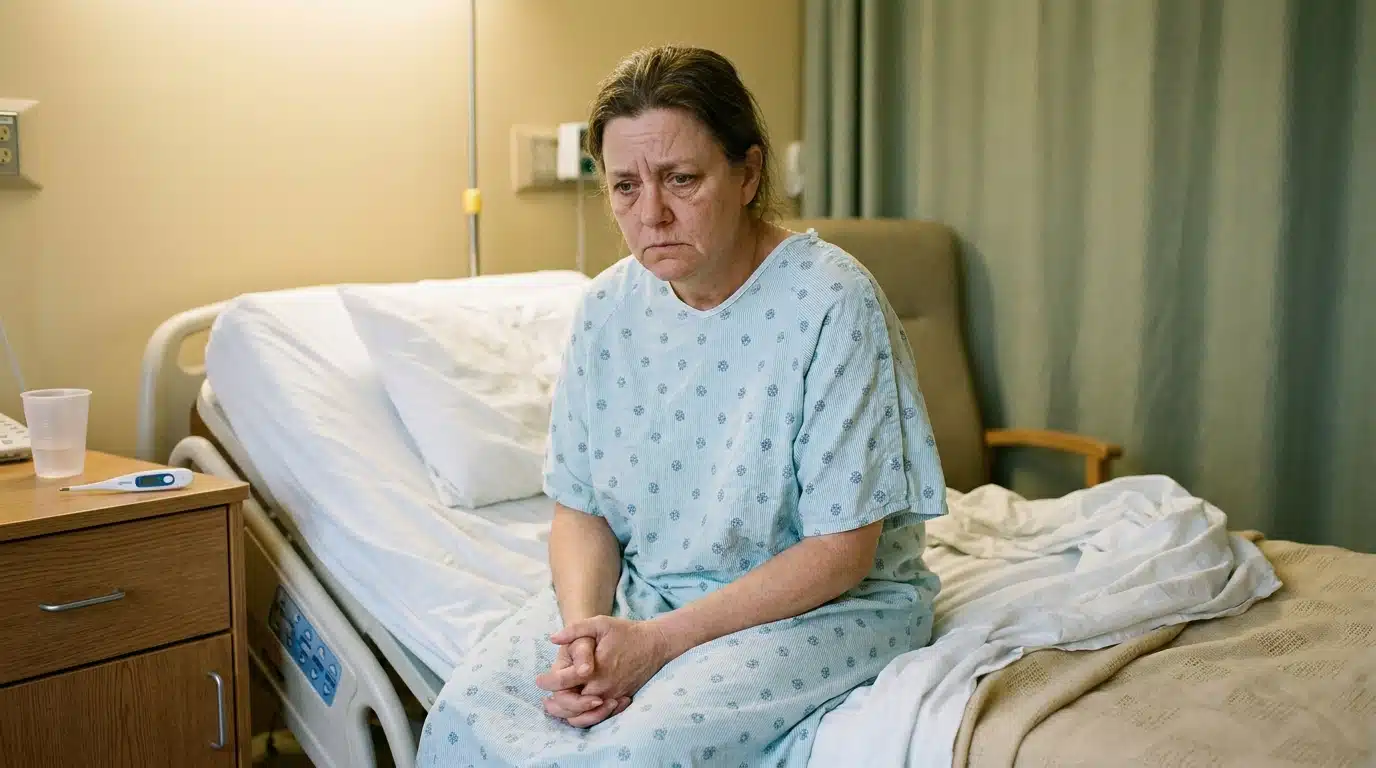 Patient inquiet assis sur un lit d'hôpital avec thermomètre
