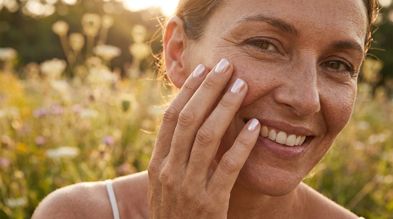 Femme souriante admirant sa manucure soft chrome dorée