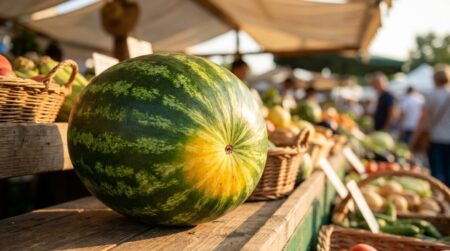 Tache dorée visible sous une pastèque retournée sur un étal