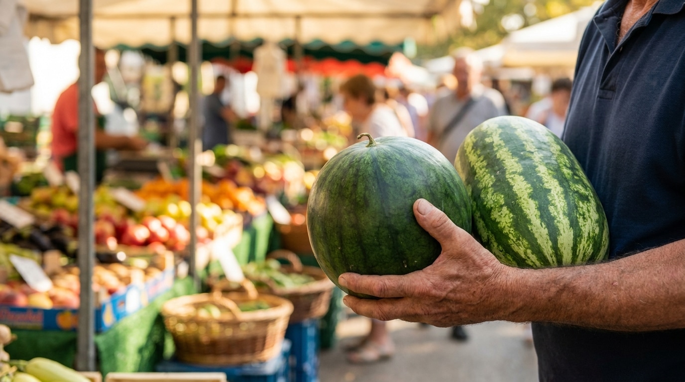 Deux pastèques de formes différentes comparées au marché