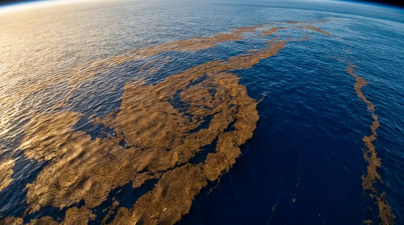 Vue aérienne d'un ruban brun d'algues sur l'Atlantique
