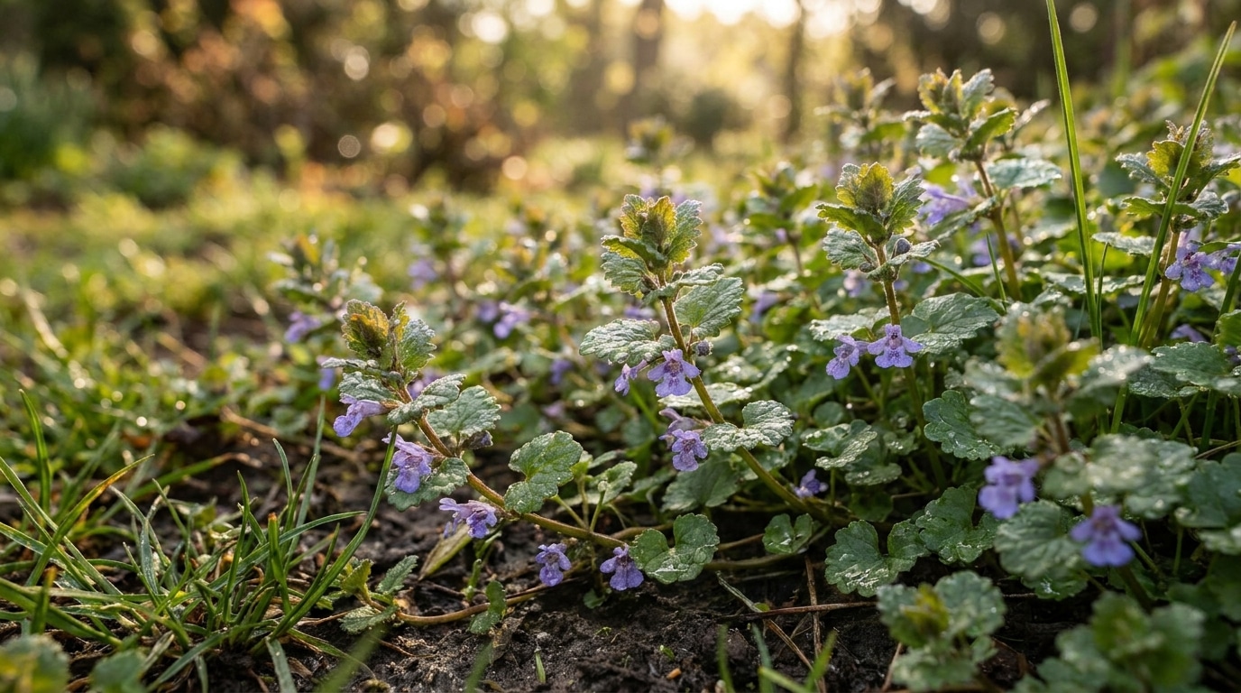 Fleurs bleu-violet du gléchome rampant dans une pelouse humide