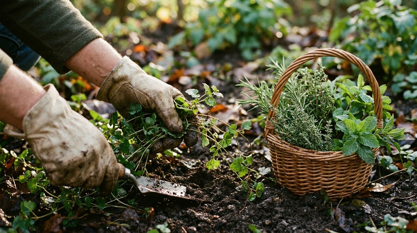 Mains arrachant du lierre terrestre dans un jardin après la pluie