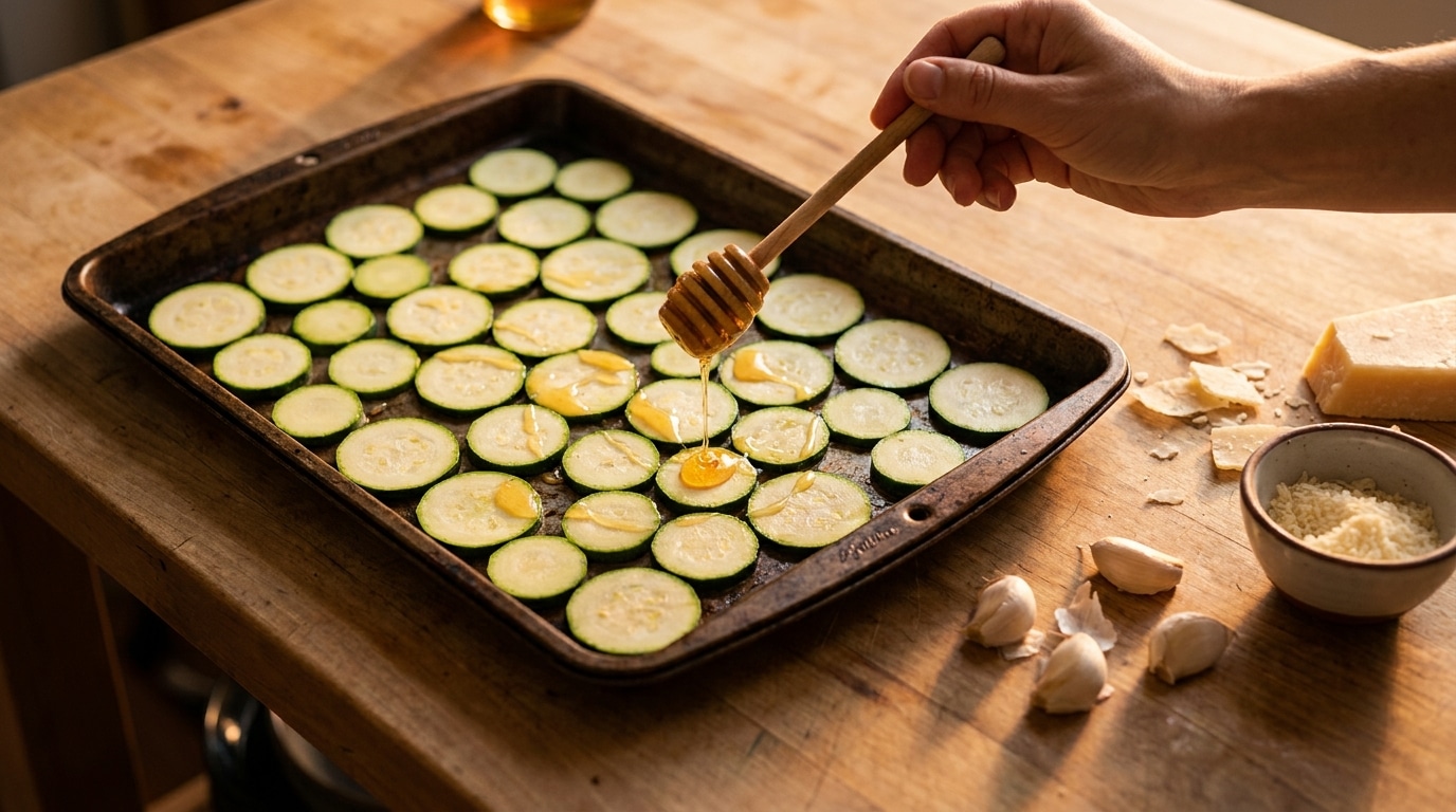 Filet de miel versé sur des courgettes avant cuisson