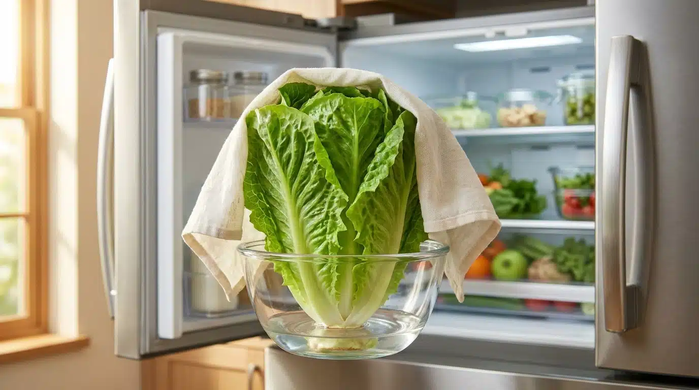 Salade entière debout dans un bol d'eau au réfrigérateur