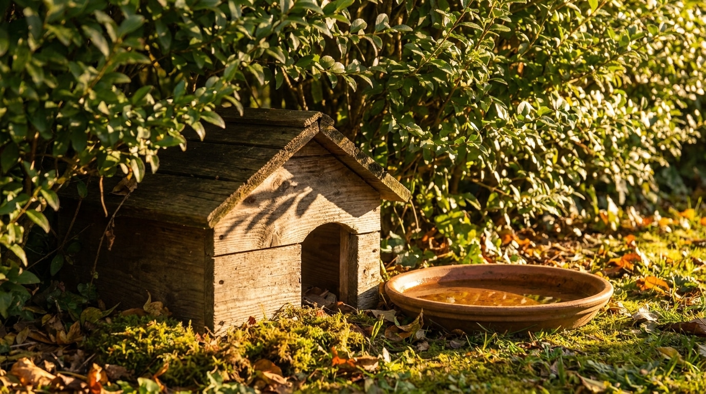 Maison en bois pour hérisson installée sous une haie