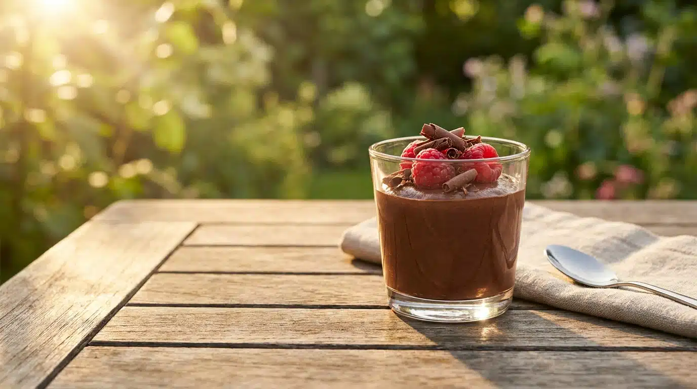 Mousse au chocolat en verrine garnie de framboises fraîches