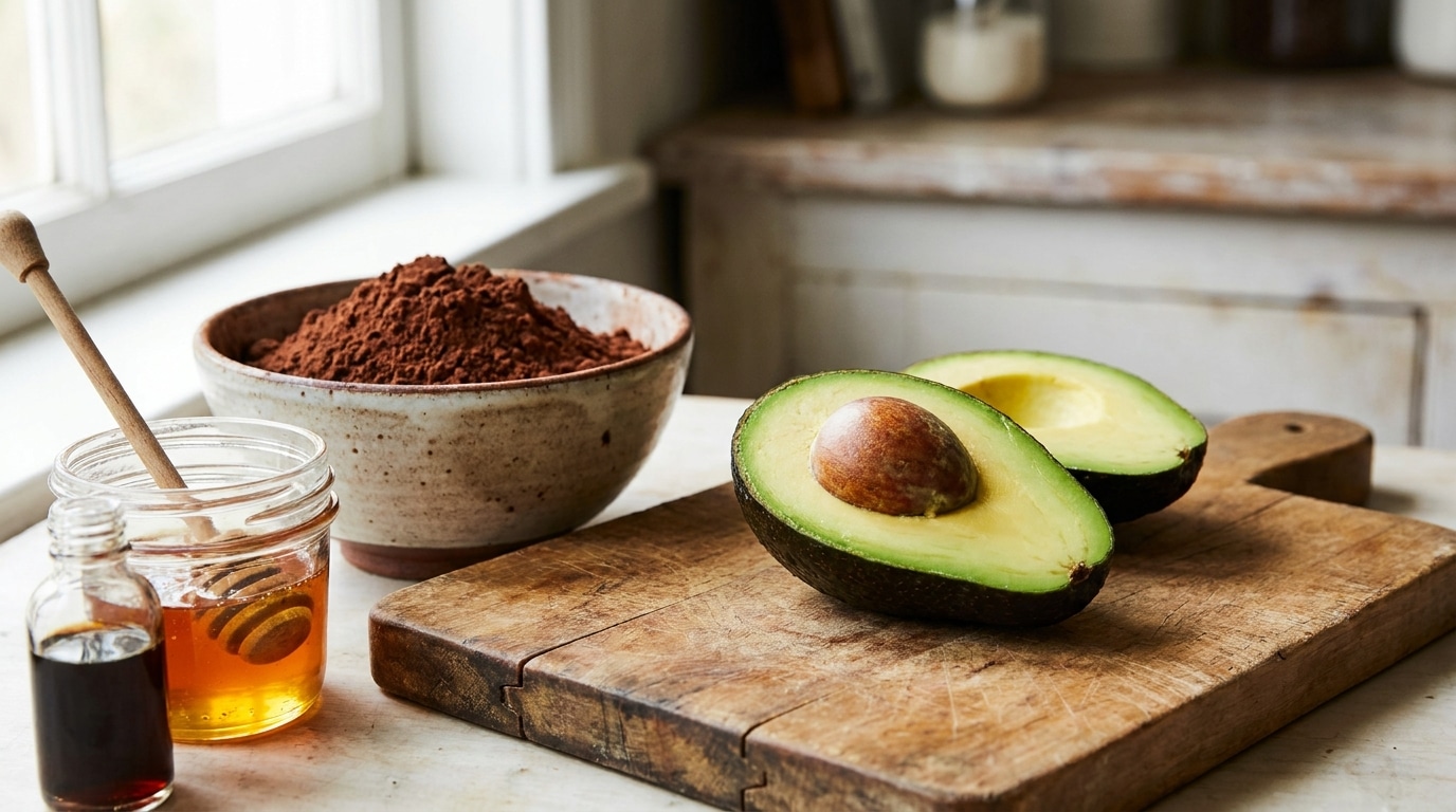 Avocat coupé en deux à côté de cacao et miel