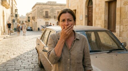 Femme inquiète près d'une voiture garée en plein soleil
