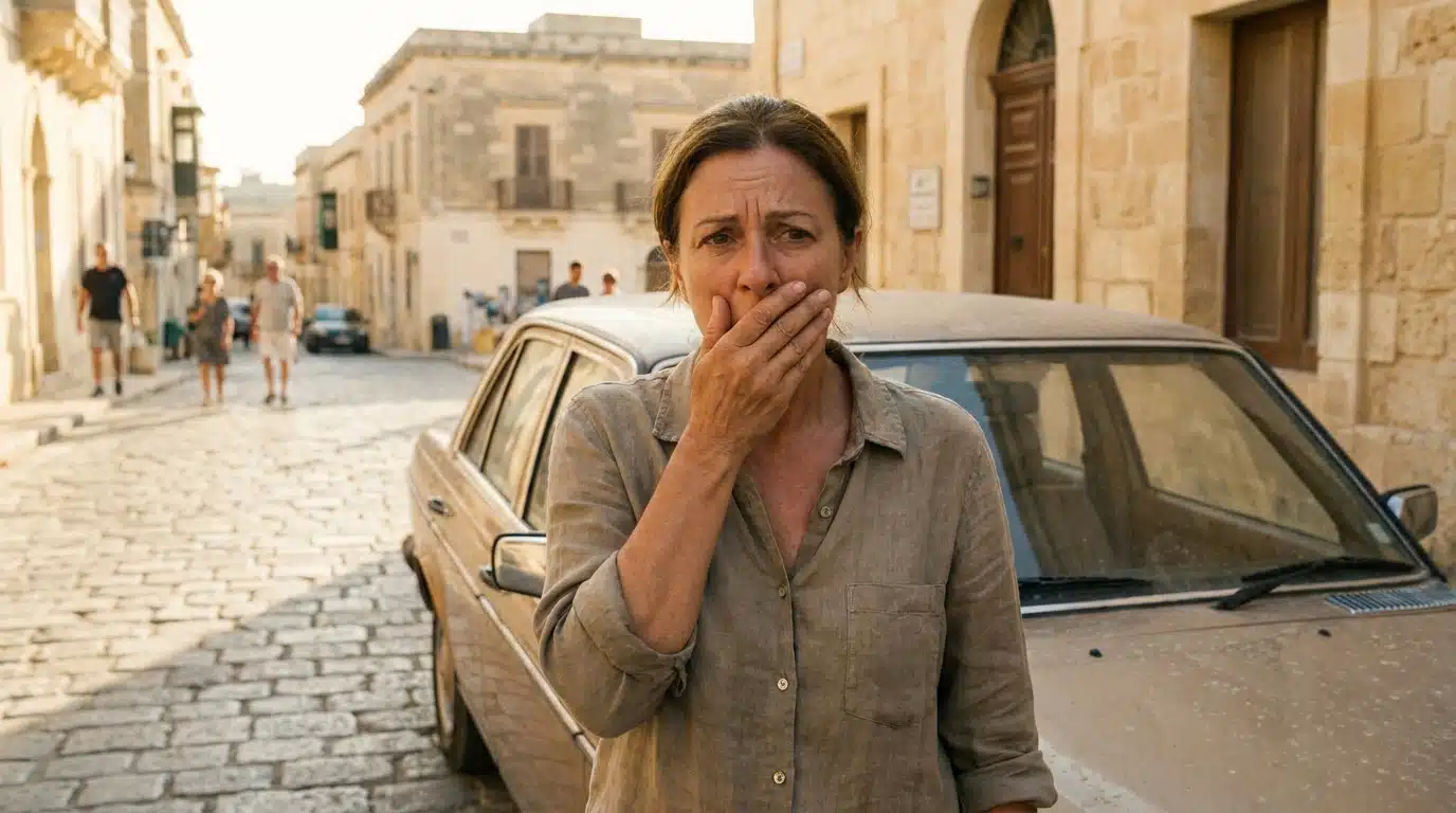 Femme inquiète près d'une voiture garée en plein soleil