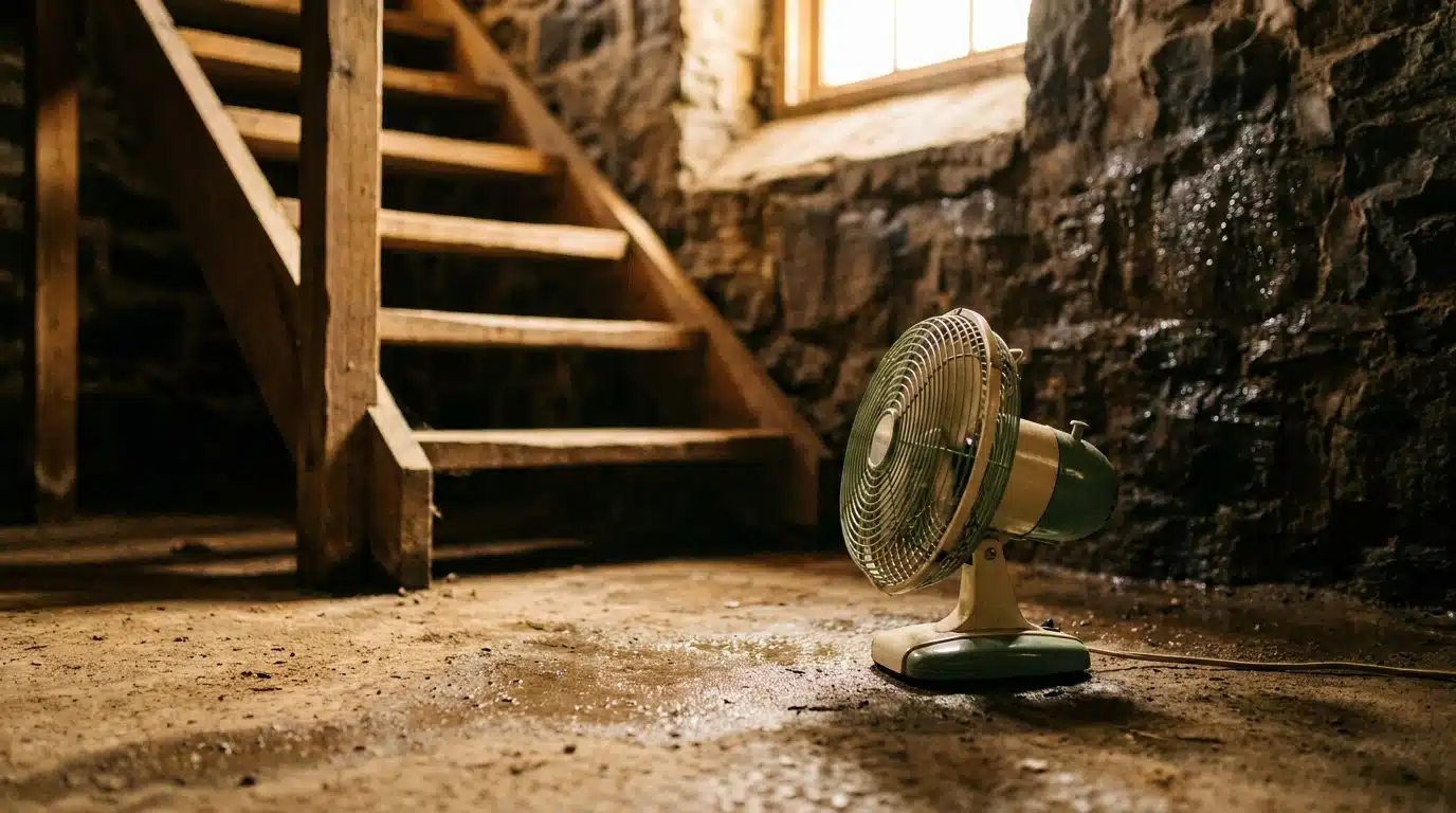 Ventilateur posé au sol dans une cave en béton