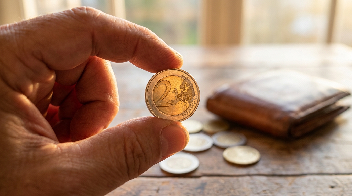 Main tenant une pièce de 2 euros brillante au-dessus d'un porte-monnaie