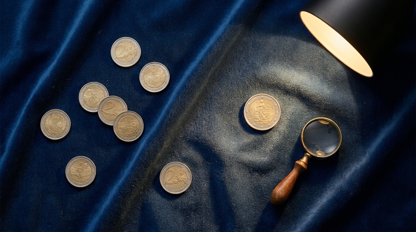 Pièces de 2 euros étalées sur un tissu sombre avec une loupe
