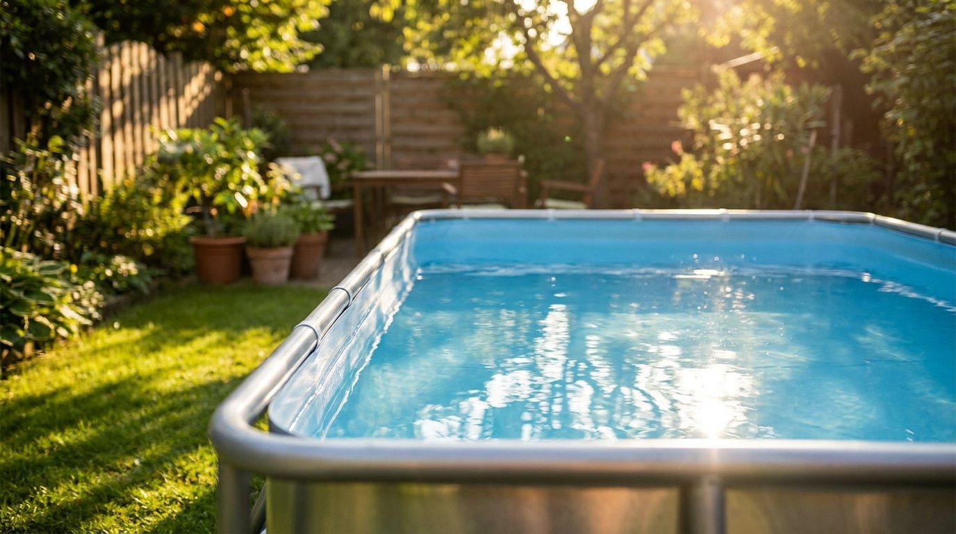 Piscine tubulaire rectangulaire installée dans un petit jardin ensoleillé