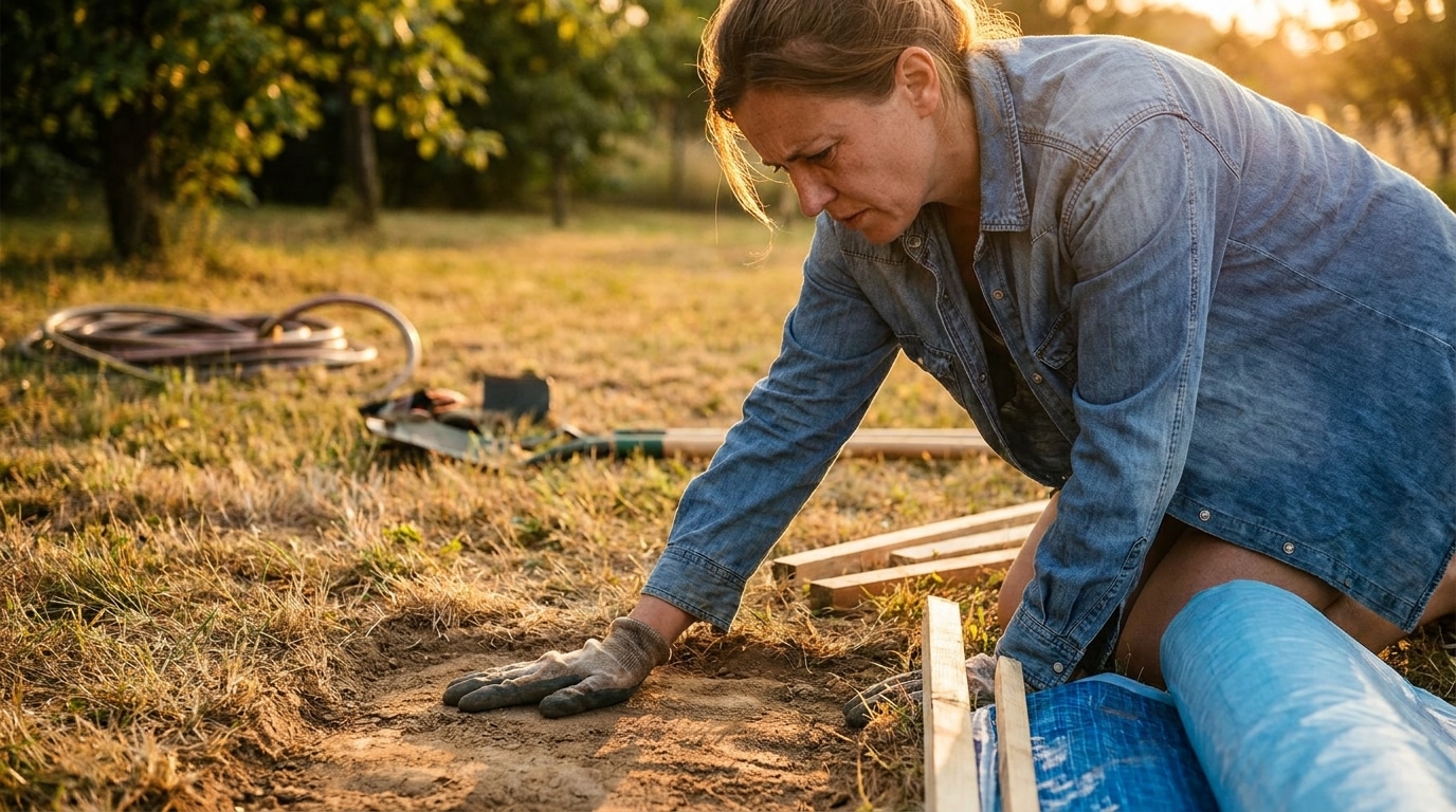 Femme vérifiant la planéité du sol avant installation d'une piscine