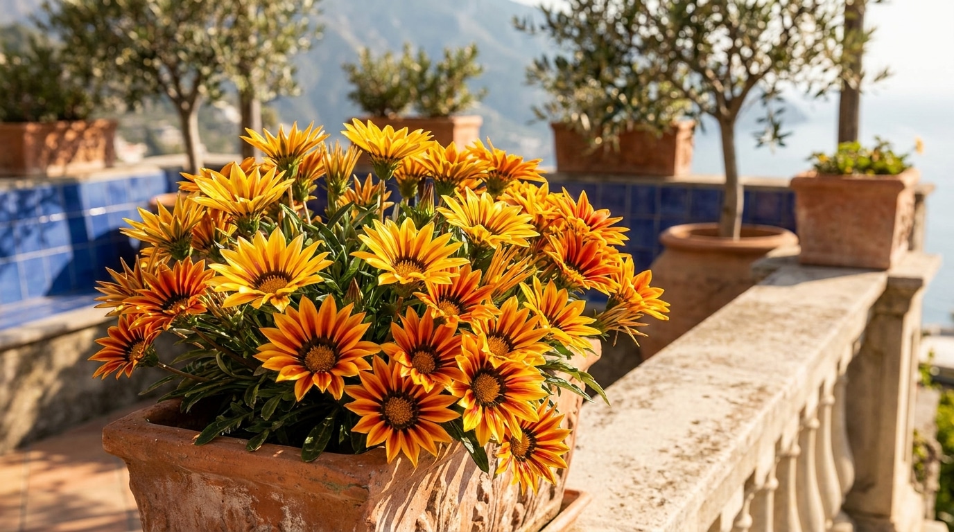 Gazanias bicolores en pleine floraison dans une jardinière ensoleillée