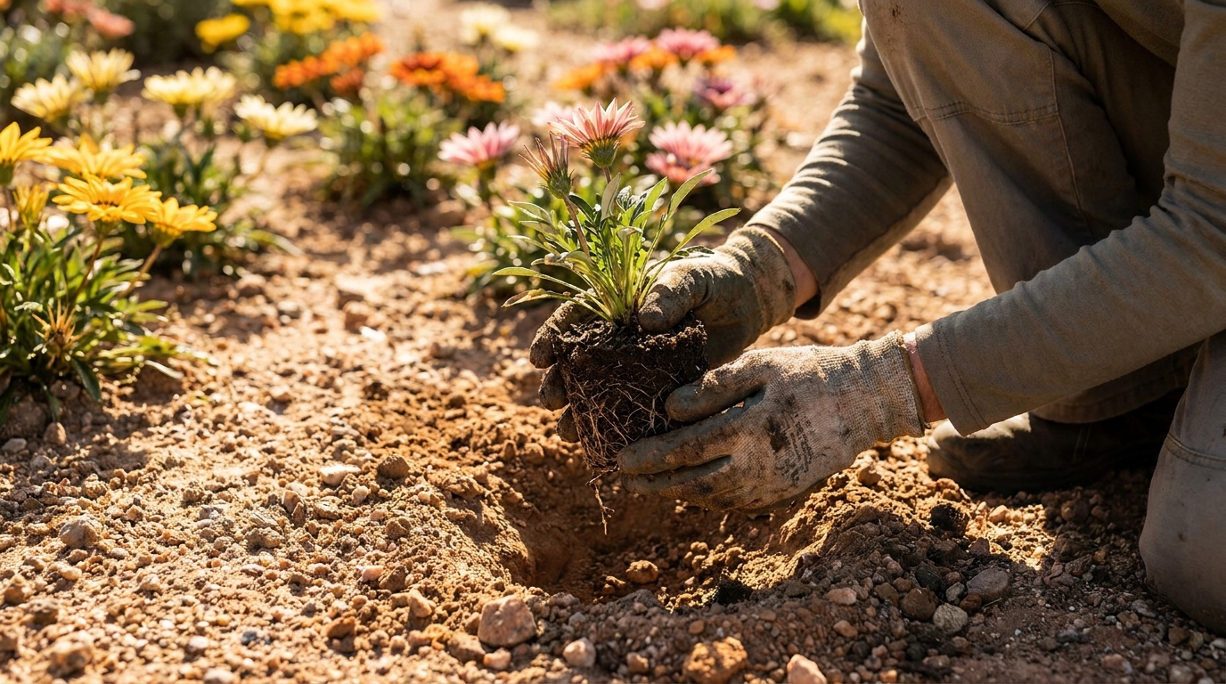 Mains plantant un jeune gazania dans un sol sableux et sec