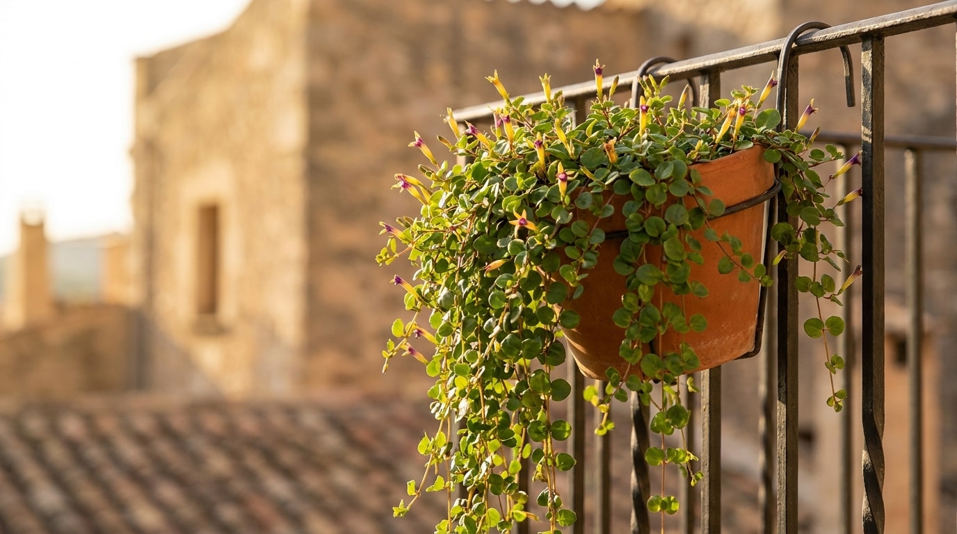 Panier suspendu débordant de Fuchsia procumbens en fleurs