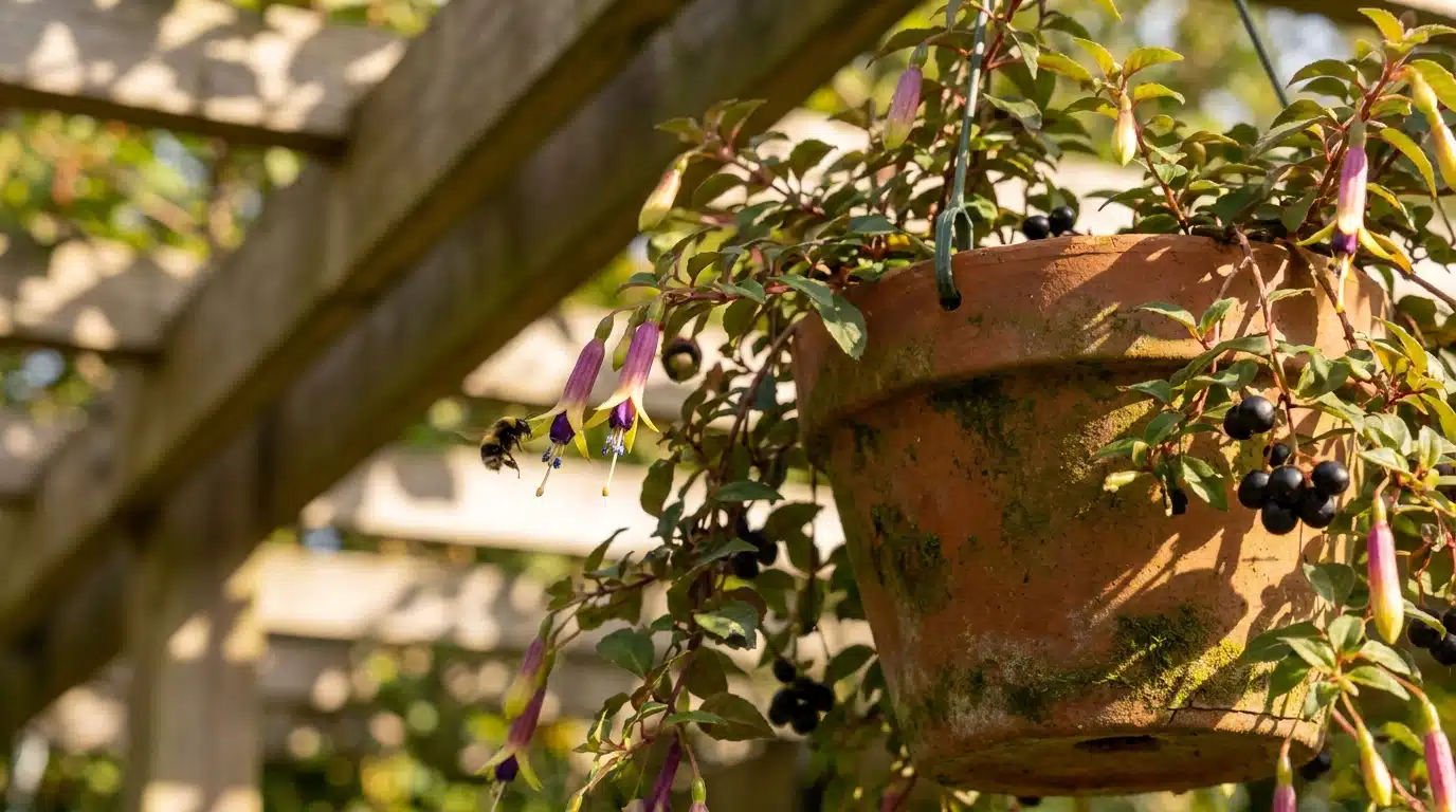 Fleurs jaune-pourpre et baies sombres de Fuchsia procumbens en gros plan
