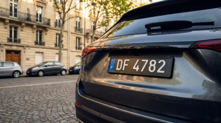 Plaque noire DF avec eurobande bleue sur un SUV moderne