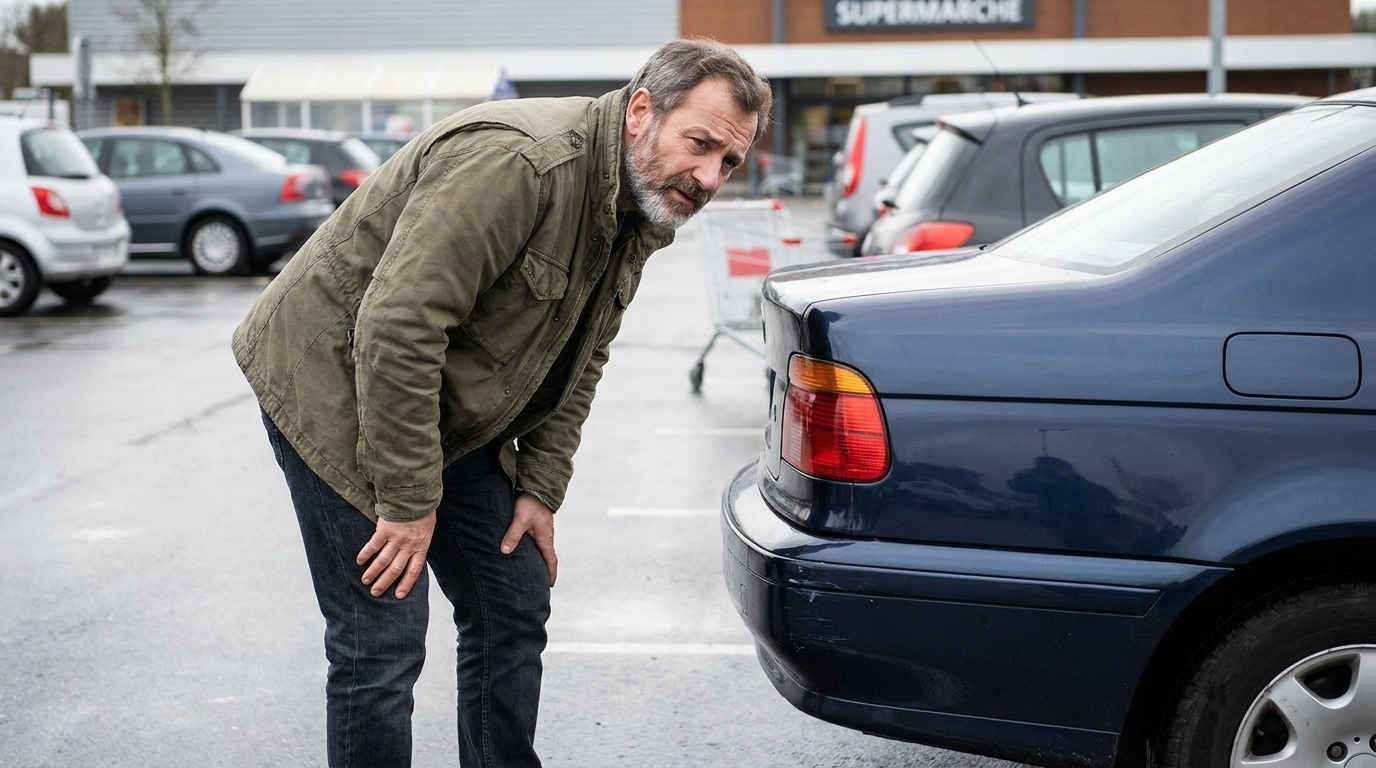 Homme observant avec curiosité l'arrière d'une voiture garée