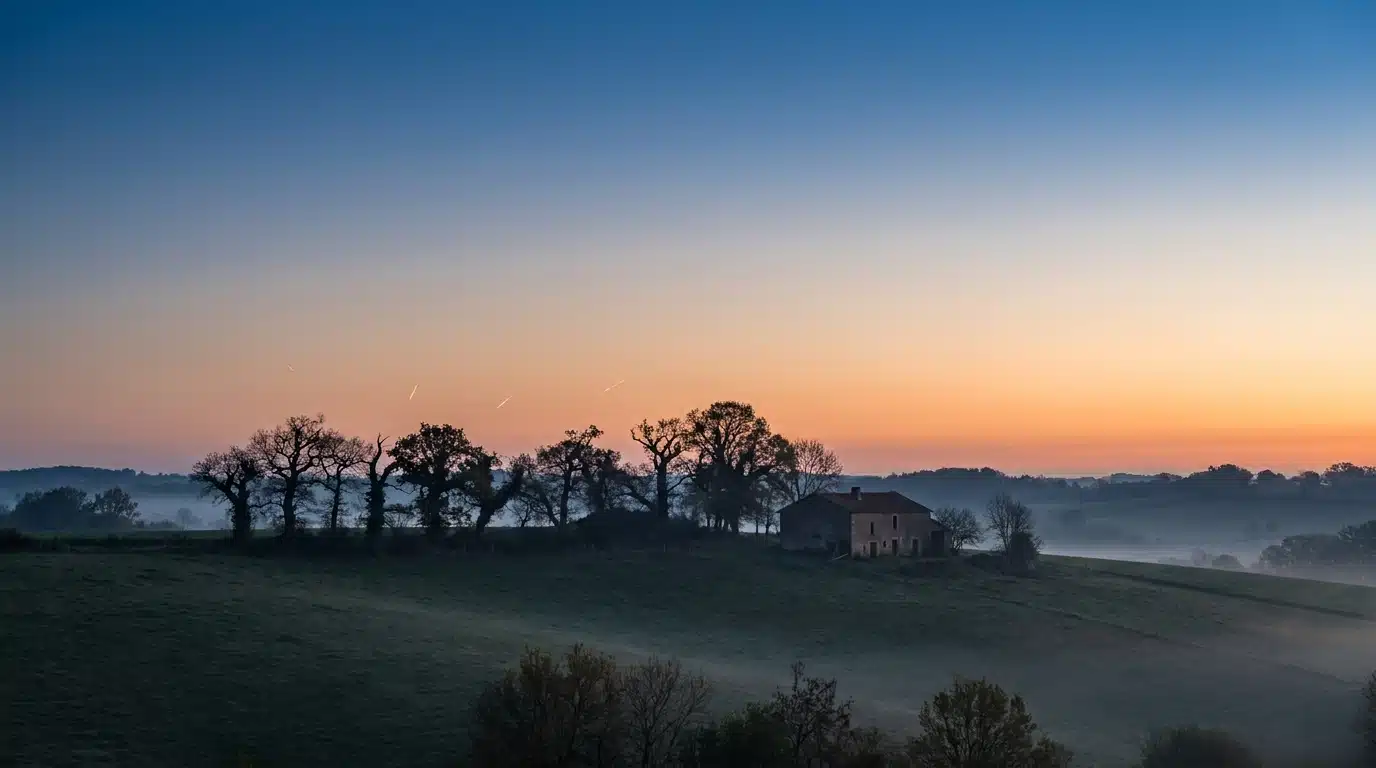 Ciel d'avant l'aube avec traînées de météores au-dessus de la campagne