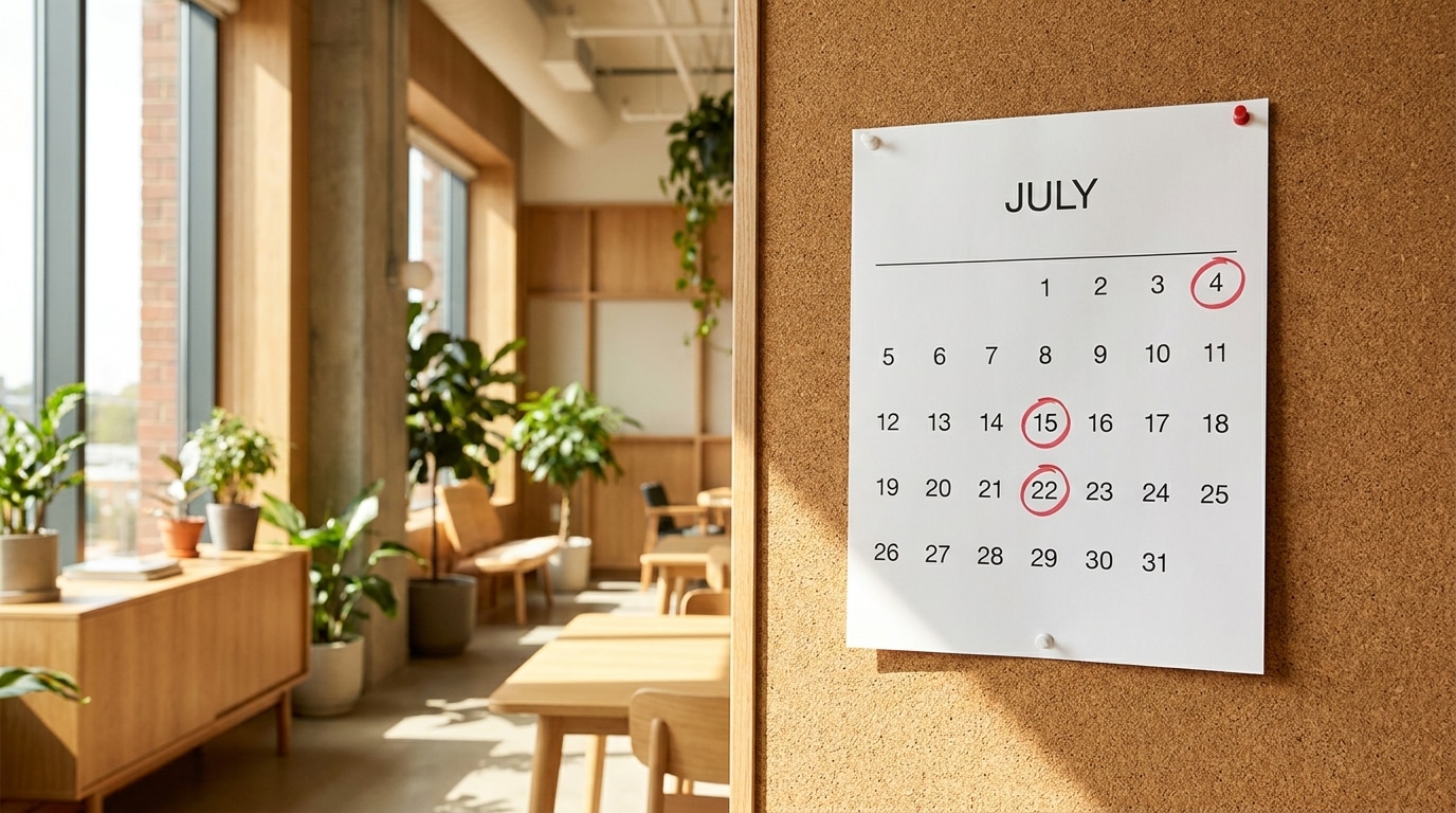 Calendrier mural du mois de juillet avec dates entourées en rouge