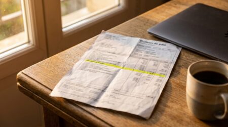Bulletin de paie posé sur un bureau avec ligne surlignée