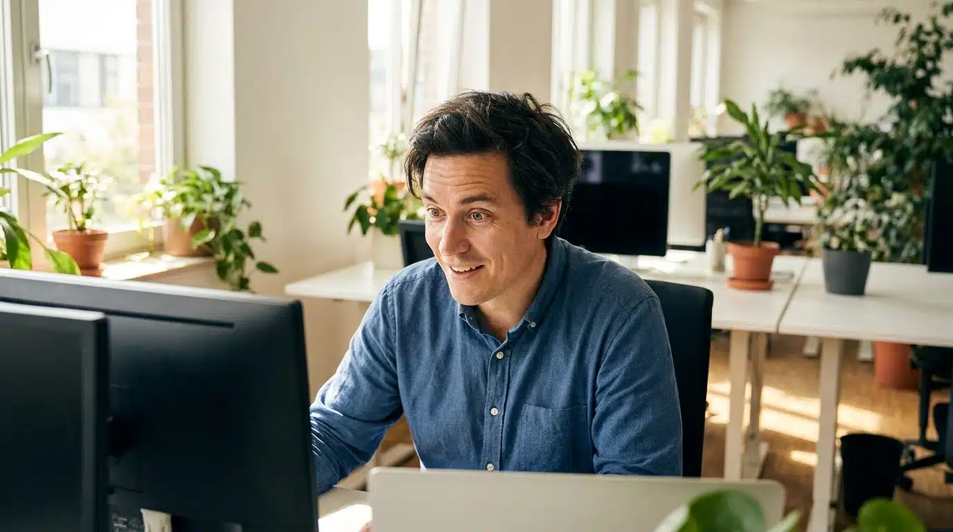 Salarié surpris devant son écran d'ordinateur au bureau