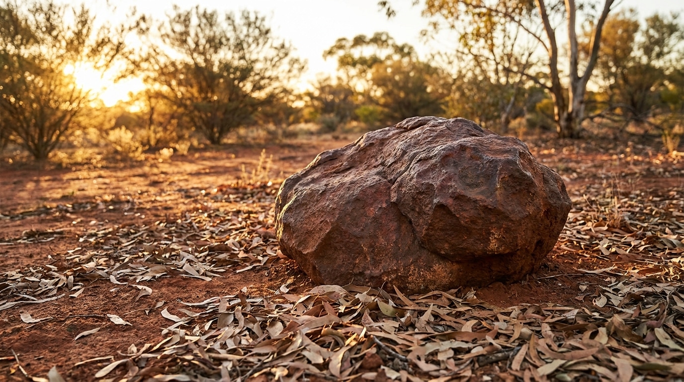 Météorite rougeâtre posée sur le sol ocre australien