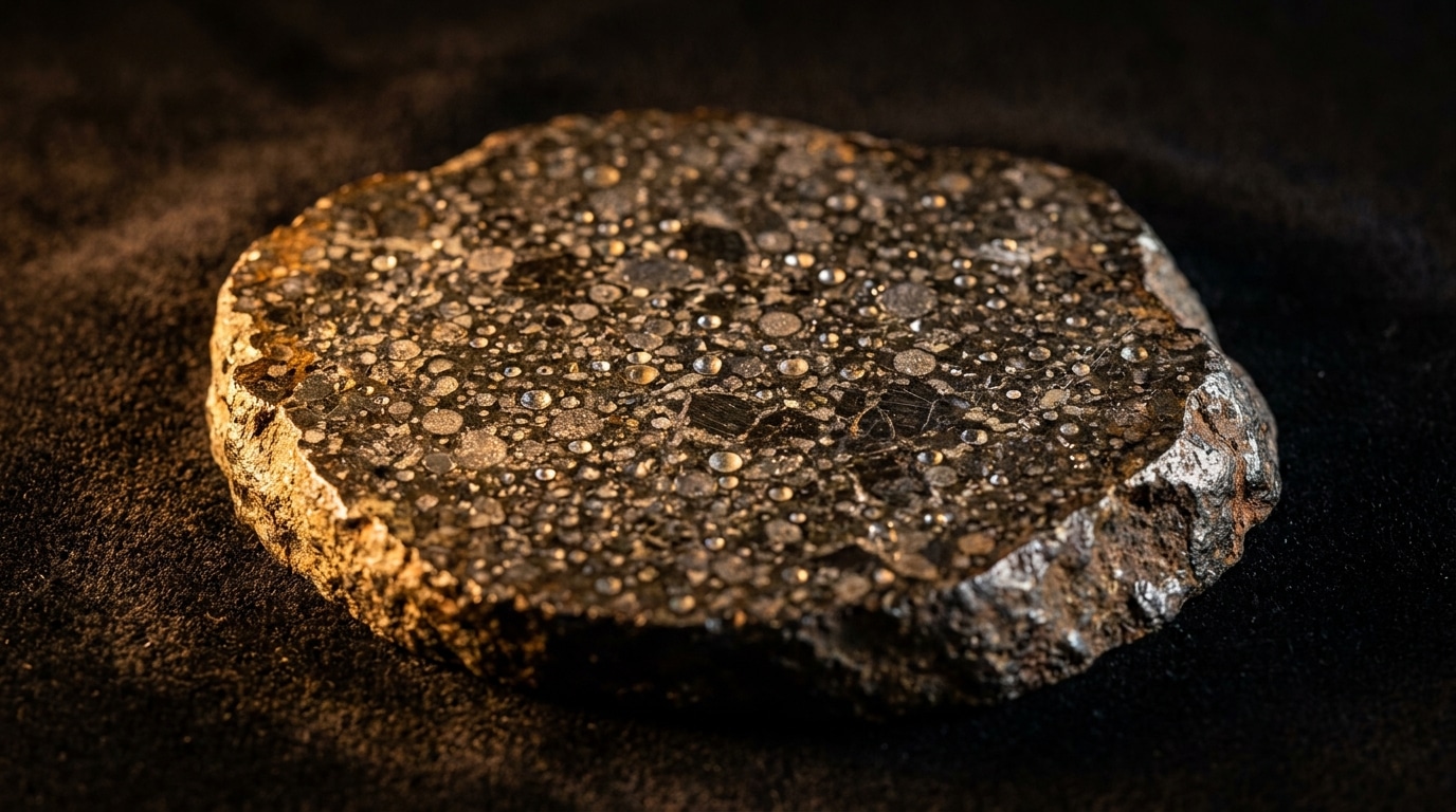 Coupe de chondrite révélant des chondrules métalliques