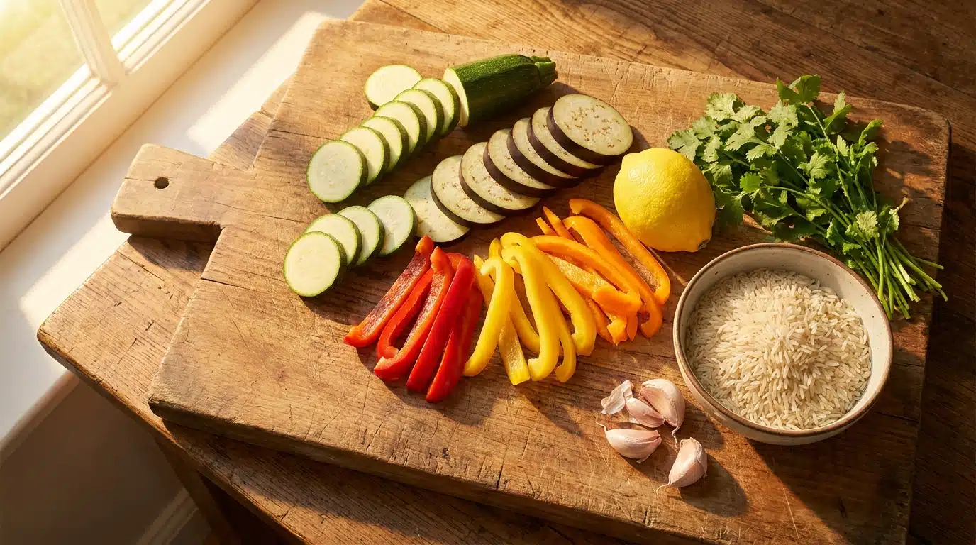 Ingrédients frais pour recette poulet légumes rôtis été