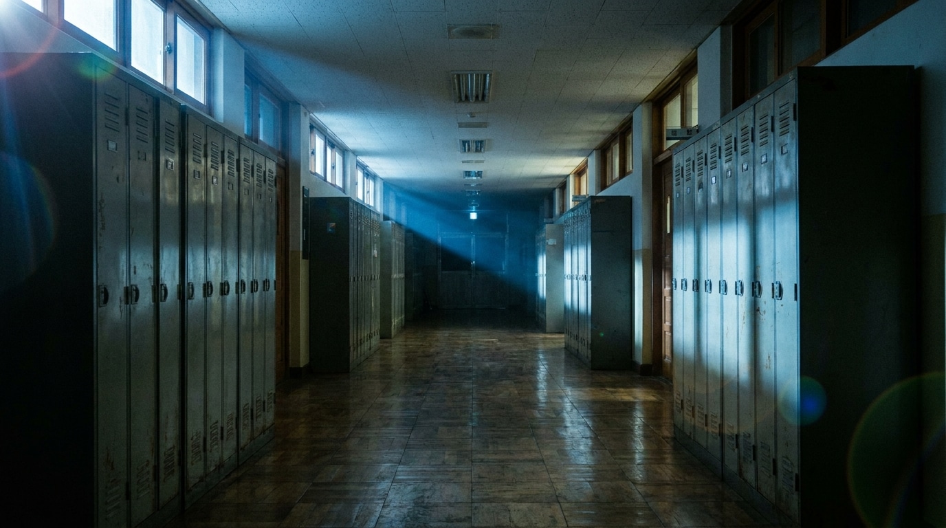 Couloir de lycée coréen sombre et dramatique évoquant l'univers de la série