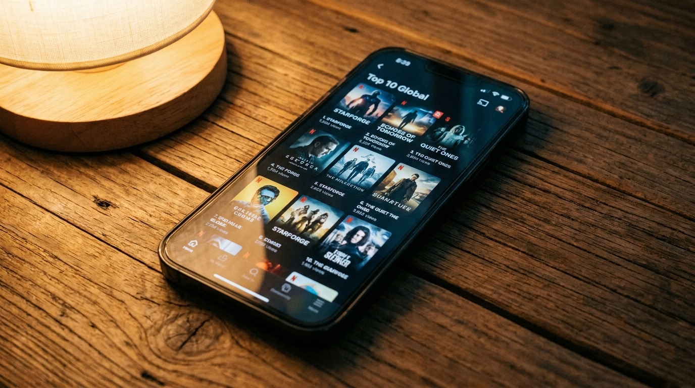 Smartphone affichant un classement de séries sur une application de streaming