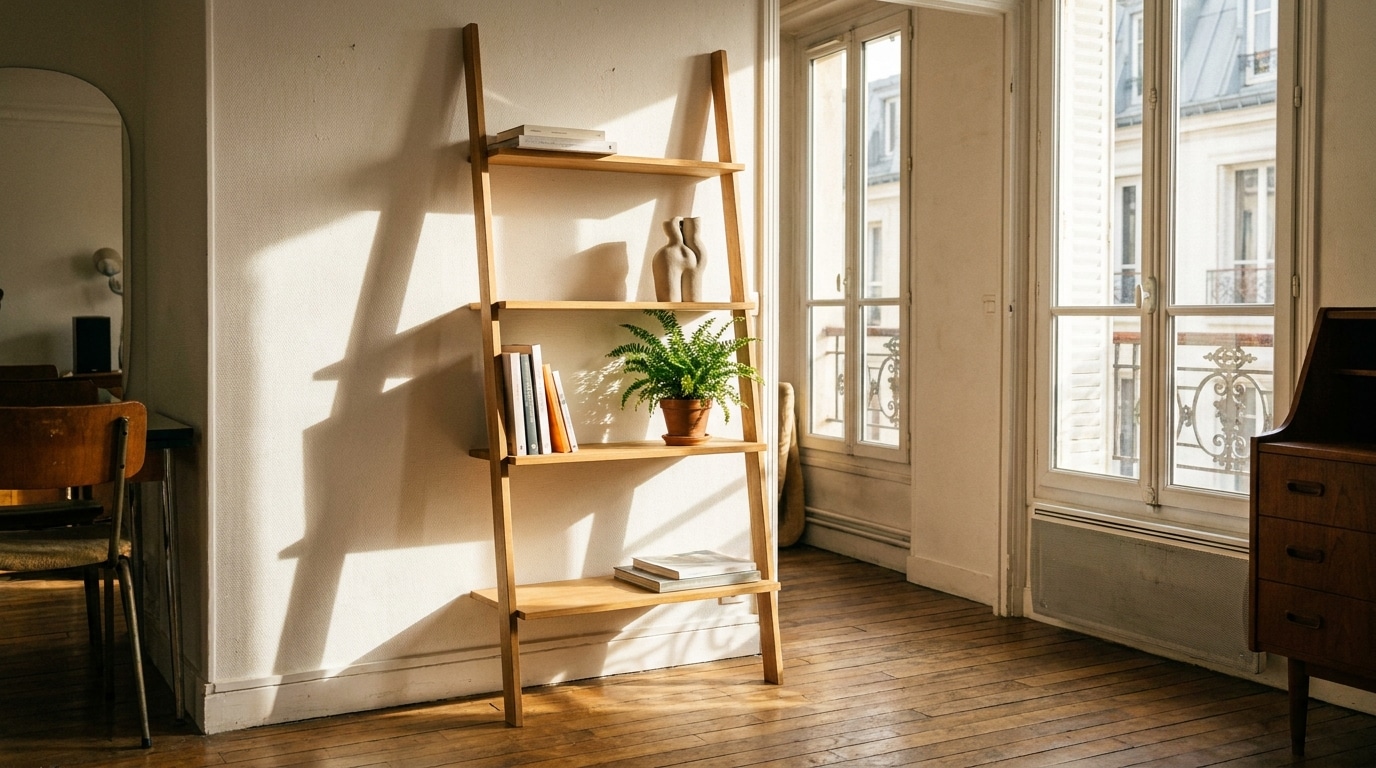 Étagère échelle en bois clair adossée à un mur blanc dans un salon lumineux