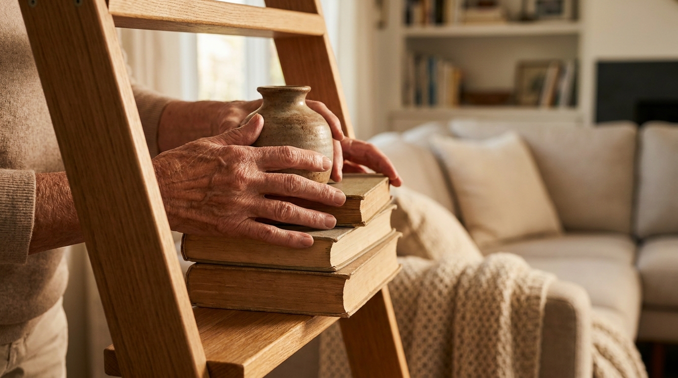 Mains disposant des livres sur une étagère échelle en bois
