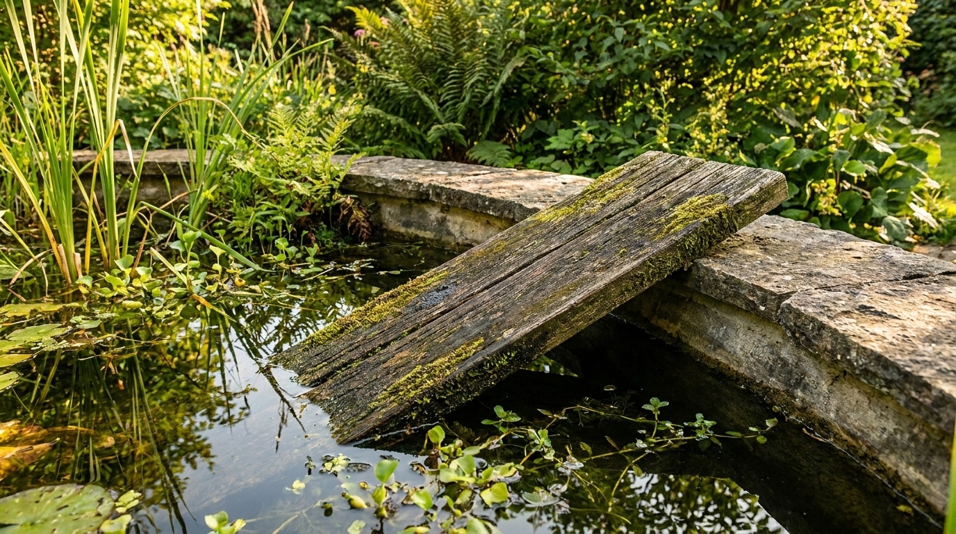 Planche en bois posée comme rampe au bord d'un bassin