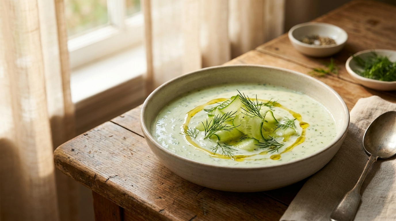 Bol de soupe froide concombre yaourt grec garnie d'aneth