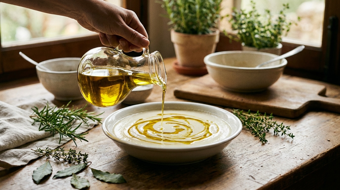 Filet d'huile d'olive versé sur une soupe blanche crémeuse