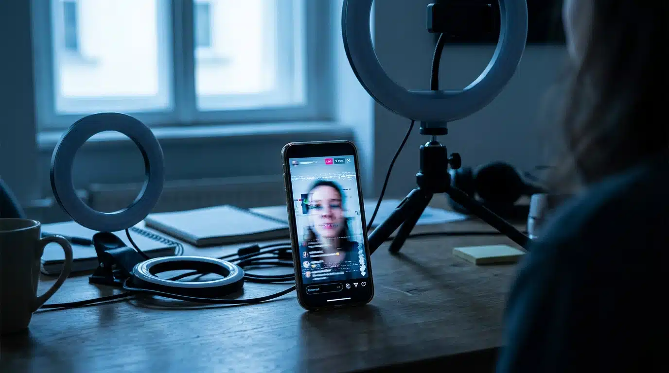 Smartphone affichant un livestream avec un bug de filtre