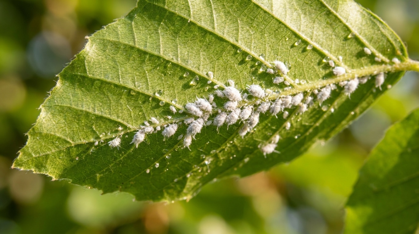 Pucerons laineux blancs sous une feuille de hêtre