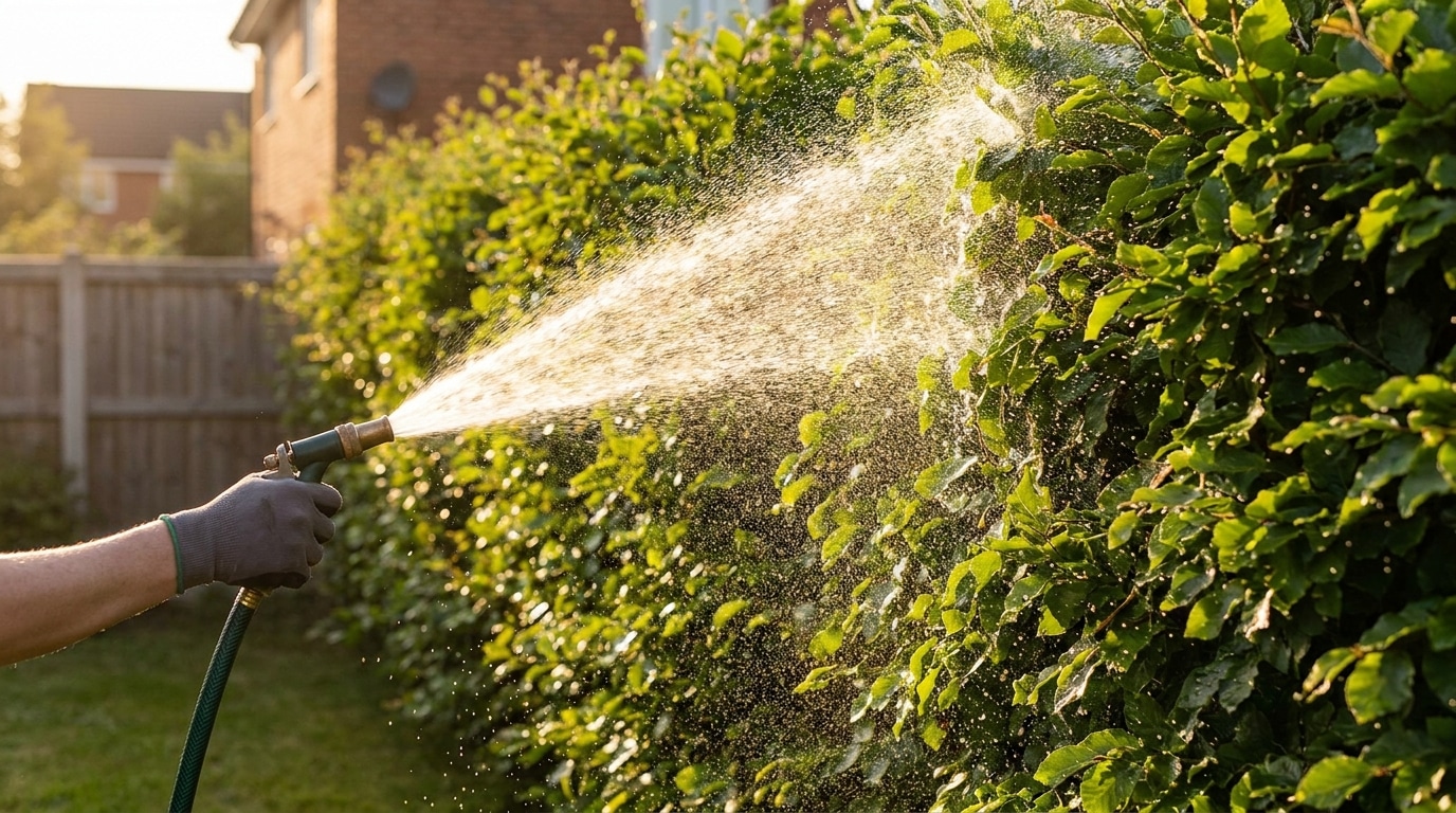 Jet d'eau sur une haie de hêtres dans un jardin