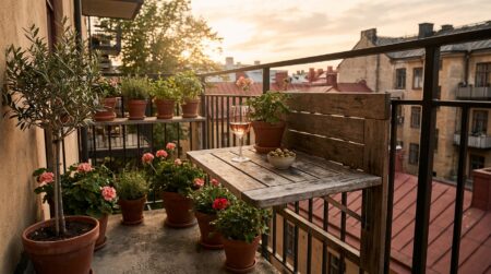 Table en bois dépliée sur un petit balcon urbain