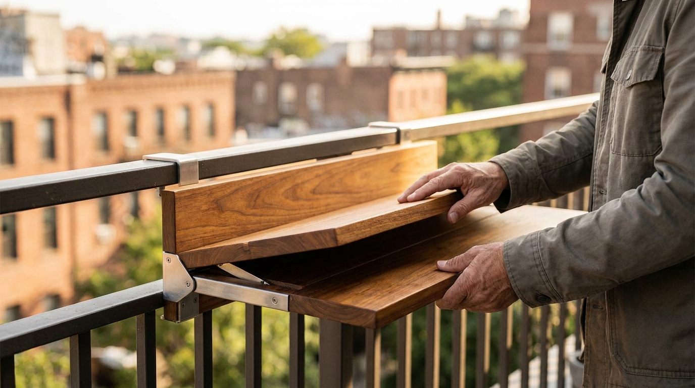 Mains dépliant une table en bois sur une rambarde de balcon