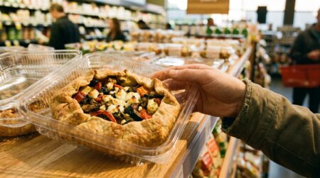 Tarte salée en barquette plastique sur un rayon de supermarché