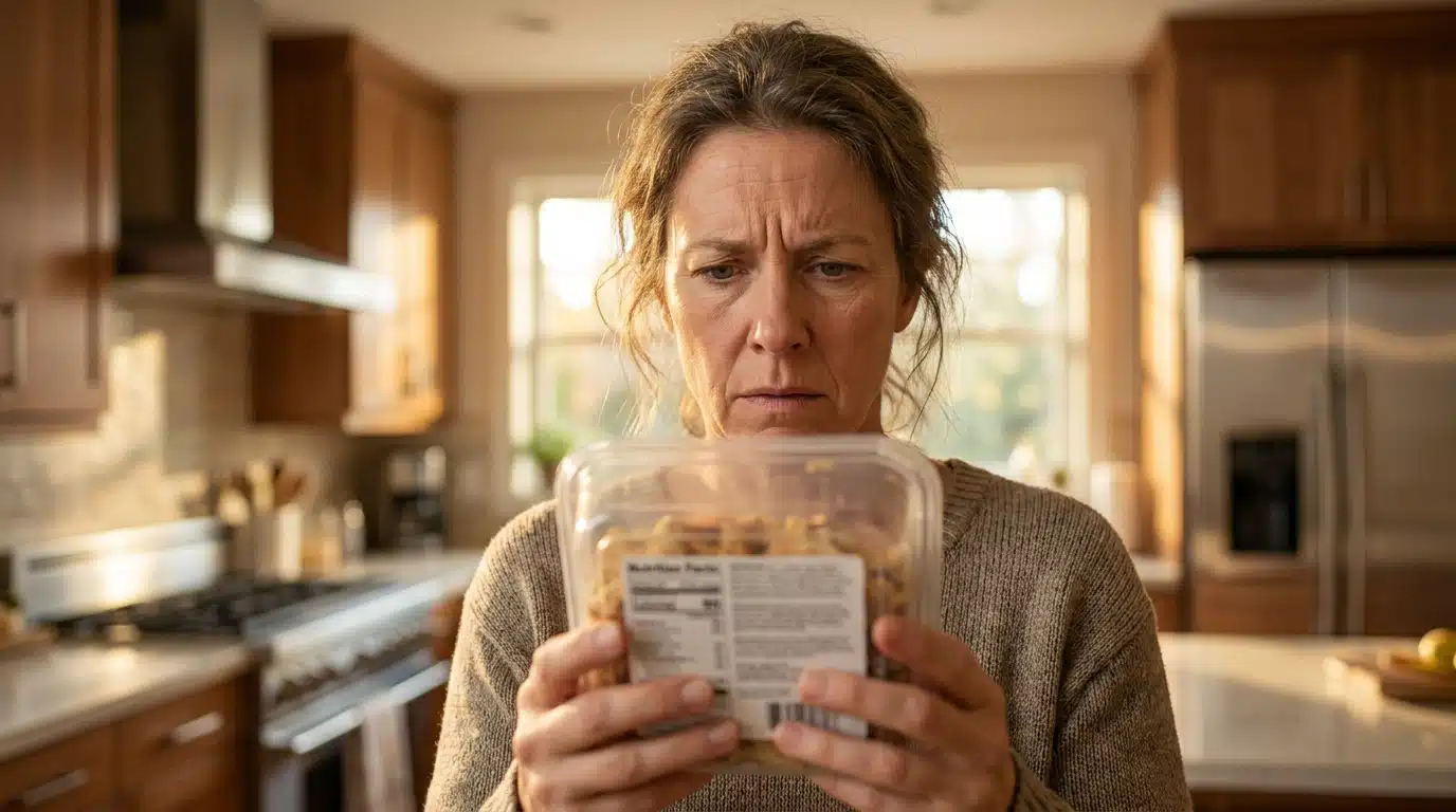 Personne inquiète lisant l'étiquette d'un produit alimentaire en cuisine